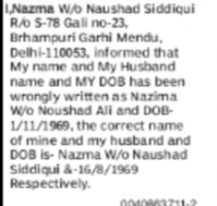 Correction of Name and Date of Birth Nazima to Nazma
