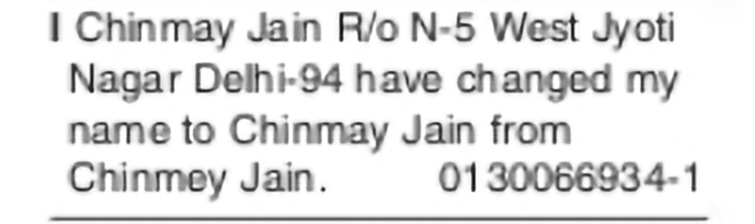 Correction of Name – Chinmay Jain