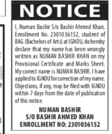 Correction of Name in IGNOU Records Numan Bashir