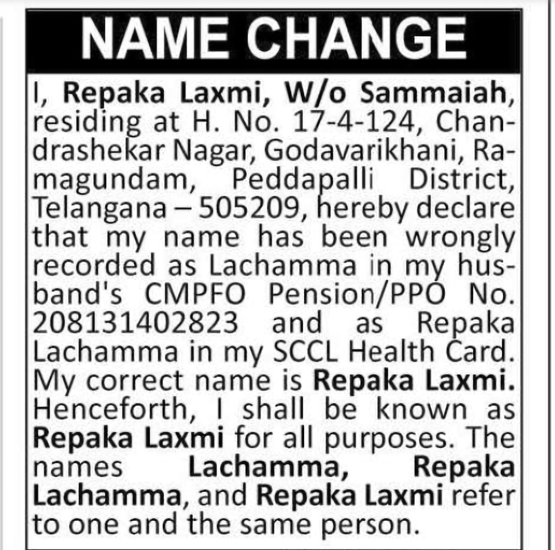 Correction of Name – REPAKA LACHAMMA to REPAKA LAXMI