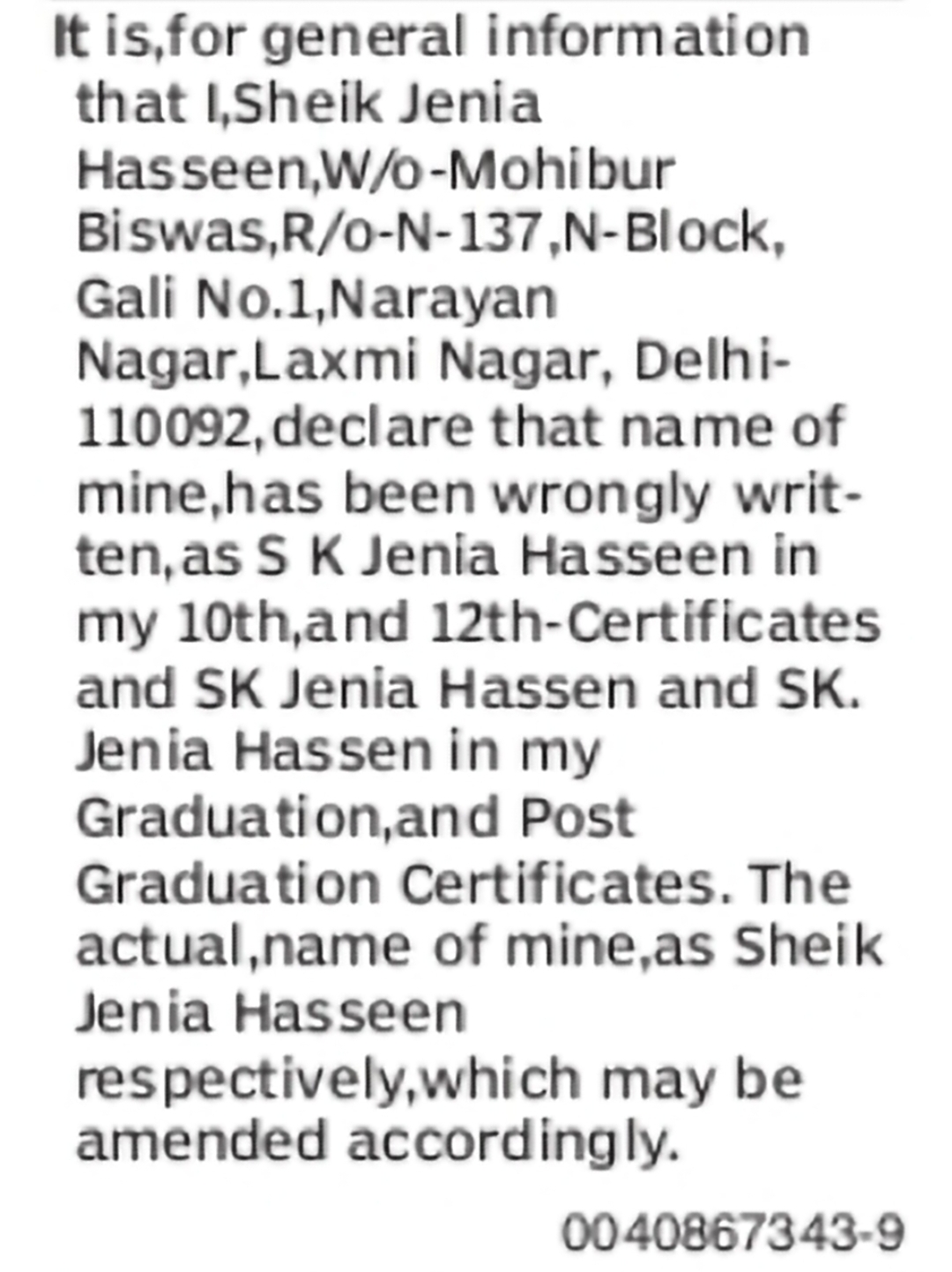 Correction of Name to Sheik Jenia Hasseen