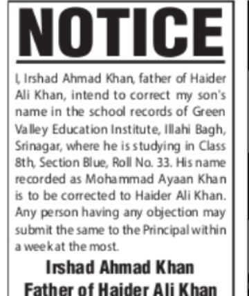 Correction of Student Name in School Records Irshad Ahmad Khan
