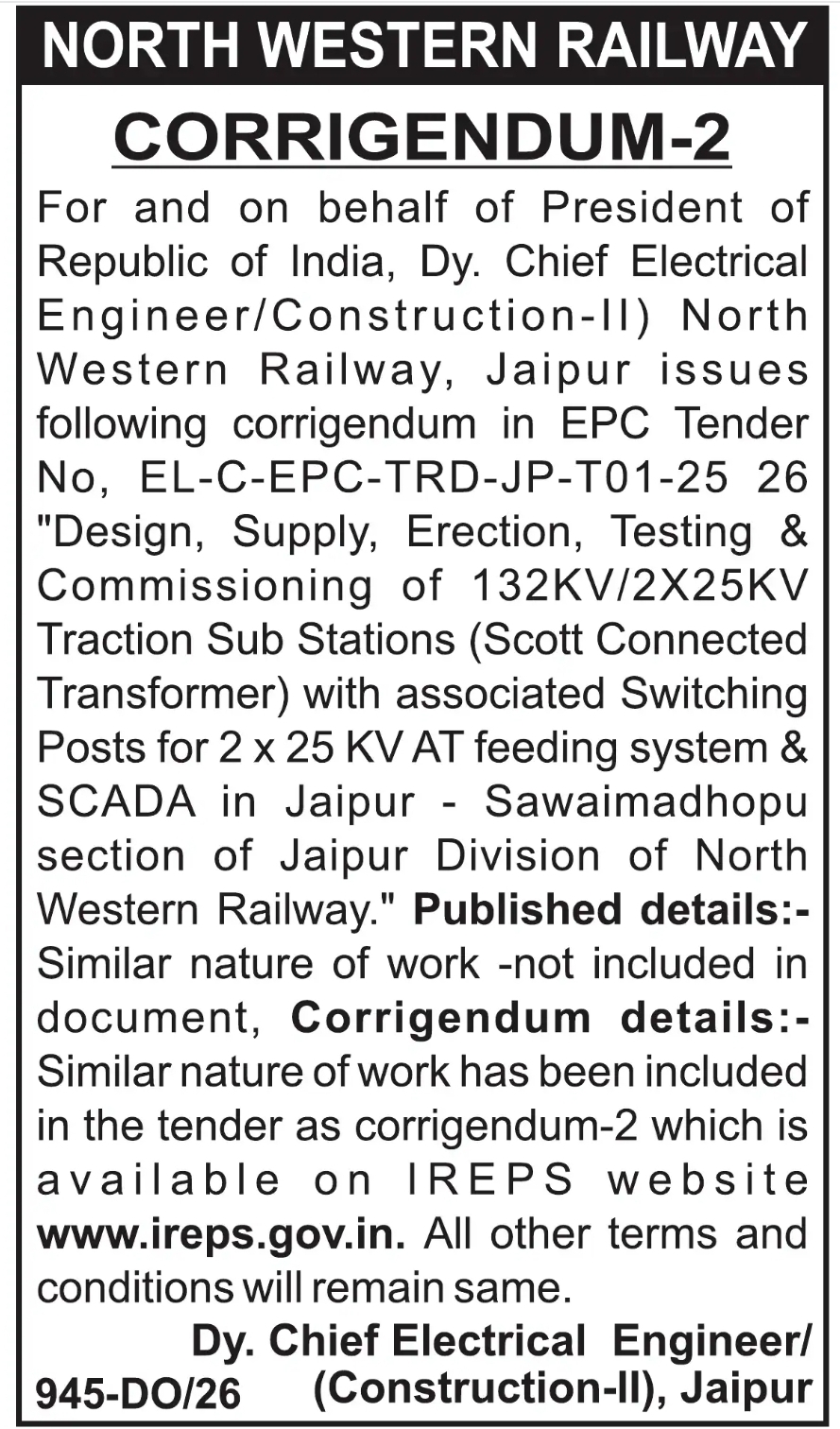 CORRIGENDUM-2 NOTICE – NORTH WESTERN RAILWAY EPC TENDER (JAIPUR DIVISION)