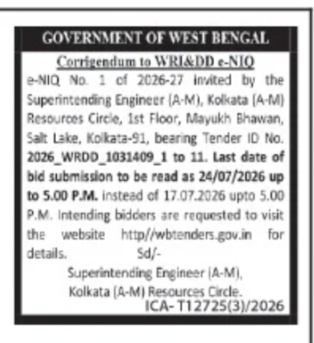 Corrigendum for Kolkata Resources Circle Tender