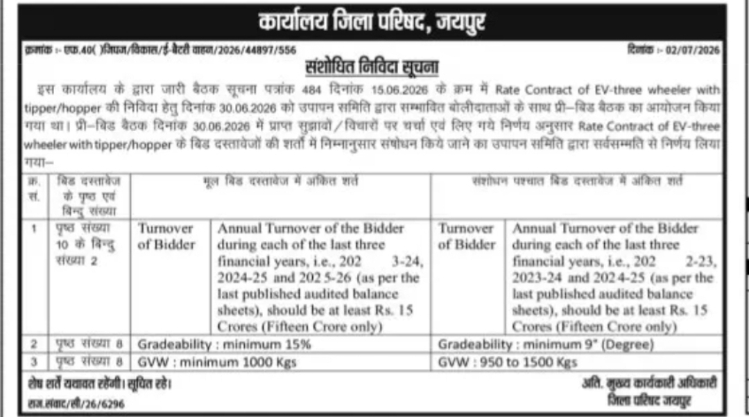 Corrigendum for Rate Contract of EV Three-Wheeler with Tipper/Hopper
