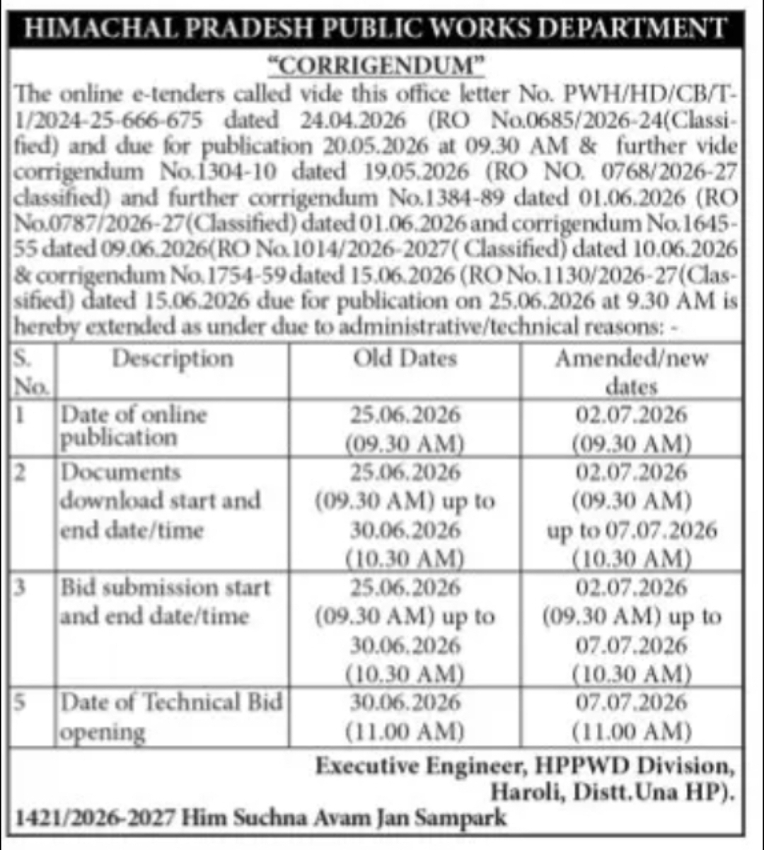 CORRIGENDUM – Himachal Pradesh Public Works Department