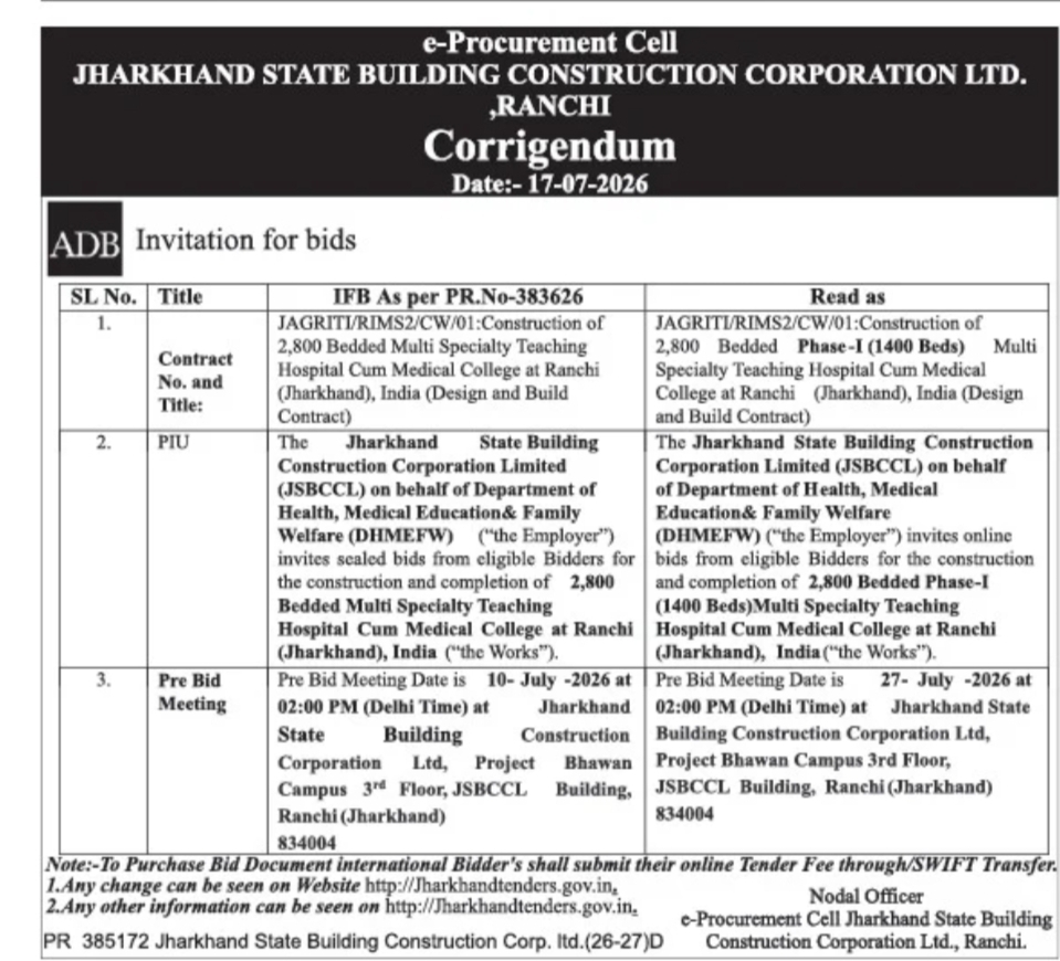Corrigendum Issued for RIMS Ranchi Phase-I Hospital & Medical College Construction Tender