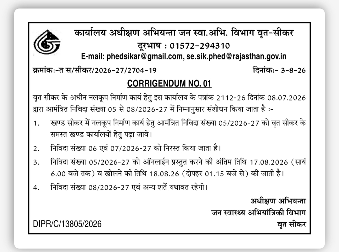 Corrigendum No. 01 – PHED Sikar Tender 2026-27