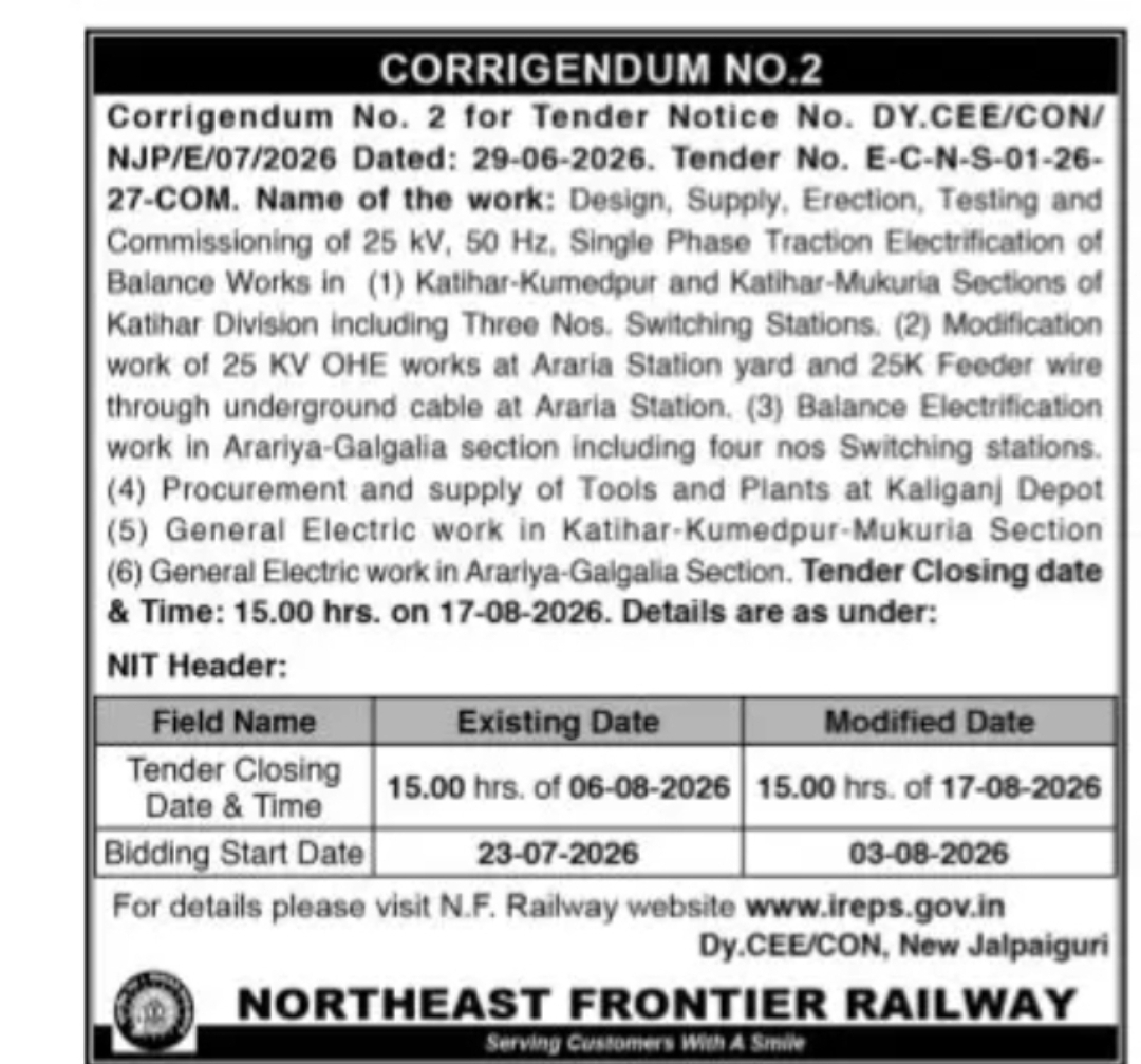 Corrigendum No. 2 – Traction Electrification Tender, Northeast Frontier Railway