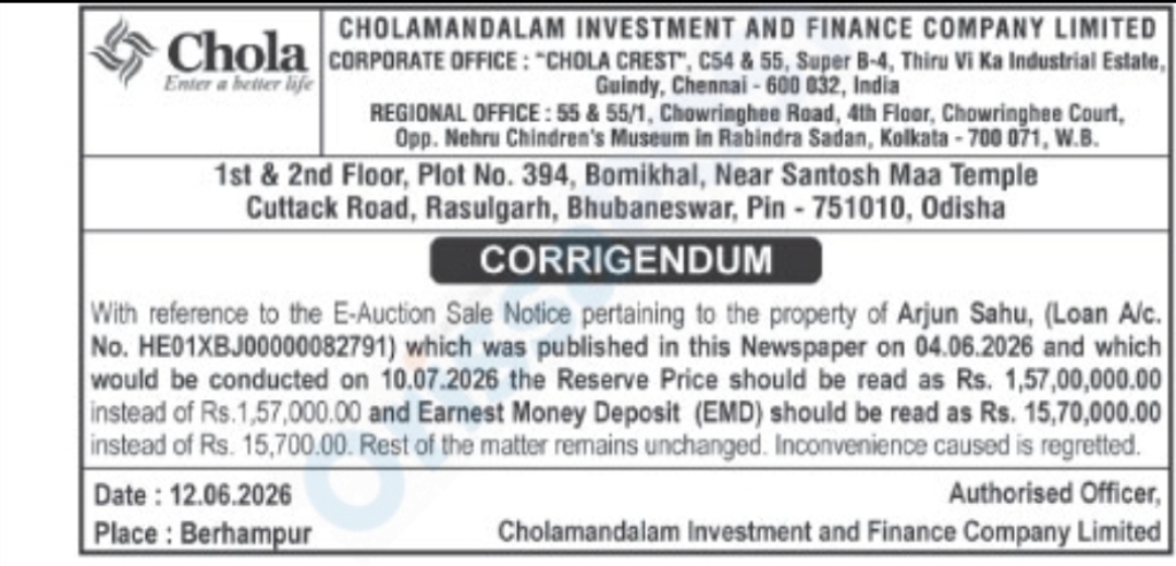 Corrigendum Notice – Cholamandalam Investment and Finance Company Limited