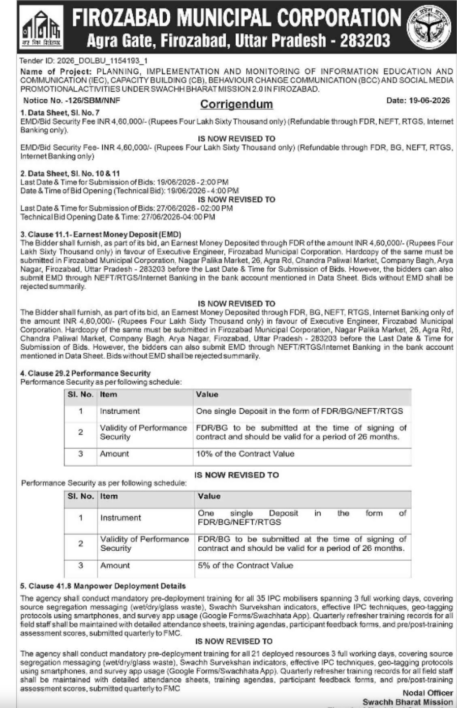Corrigendum Notice – Firozabad Municipal Corporation