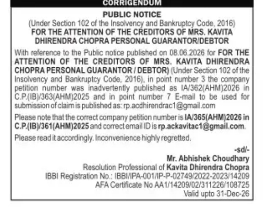 Corrigendum Notice for Personal Guarantor Insolvency Proceedings – Mrs. Kavita Dhirendra Chopra