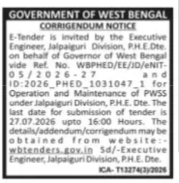 Corrigendum Notice for PWSS Operation and Maintenance Tender