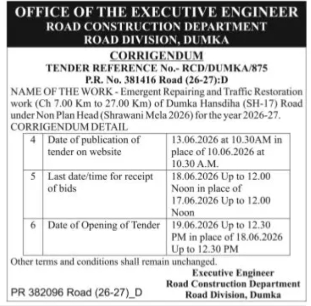 Corrigendum Notice for Road Repair and Traffic Restoration Work on Dumka–Hansdiha (SH-17) Road, Dumka Division