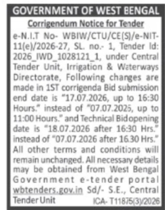 Corrigendum Notice for West Bengal Irrigation Tender Submission Date Extension