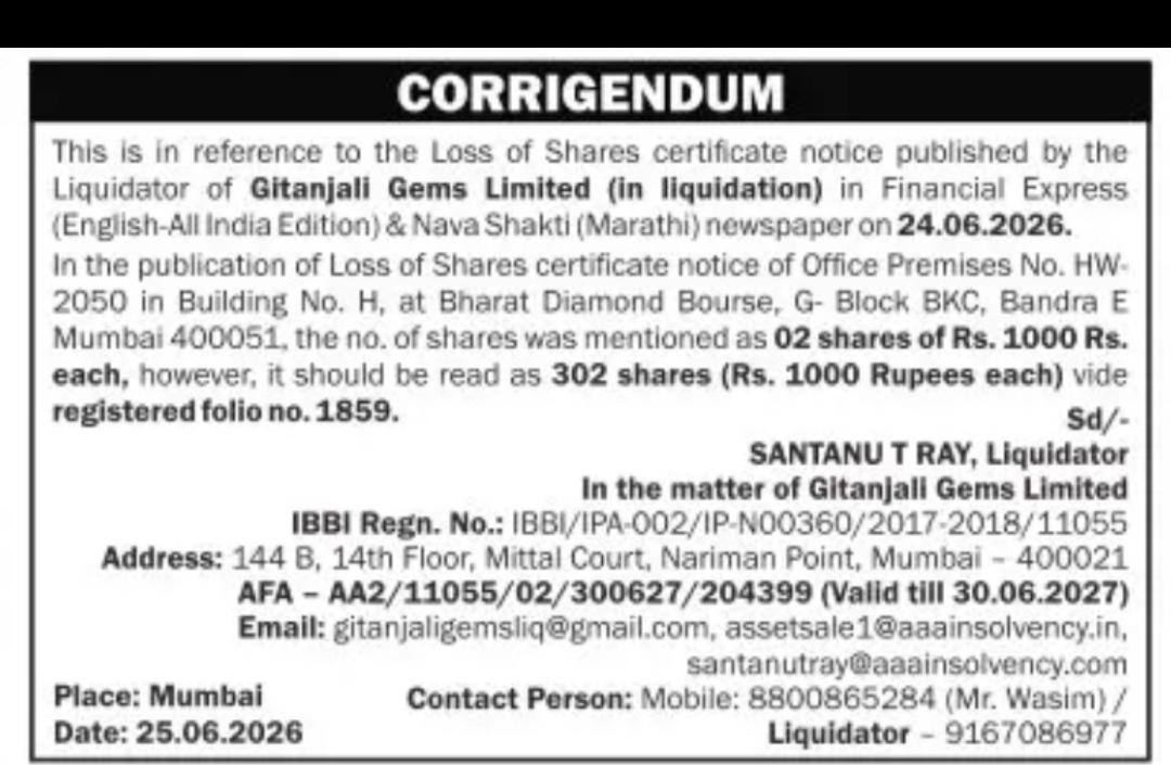 Corrigendum Notice – Gitanjali Gems Limited (In Liquidation)