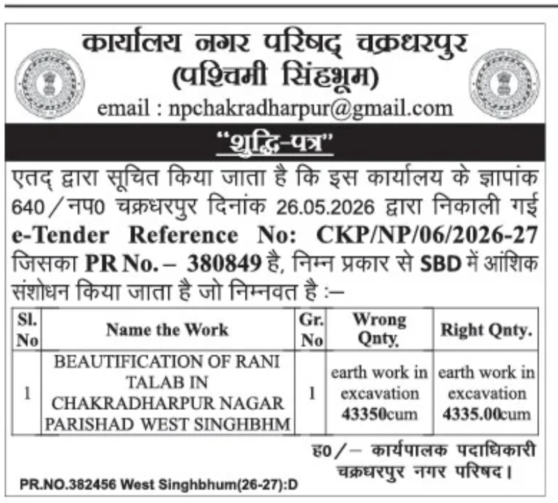 Corrigendum Notice – Nagar Parishad Chakradharpur