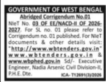 Corrigendum Notice – NIeT No. 03 of EE/NACD-II/2026-27