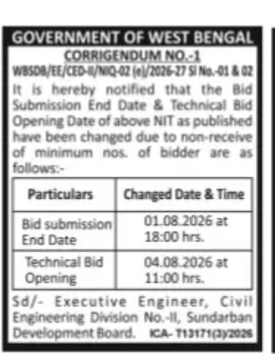 Corrigendum Notice – Sundarban Development Board Tender