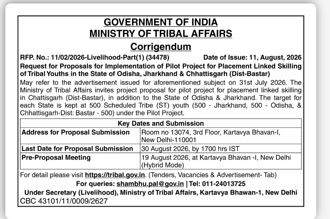Corrigendum – RFP for Placement Linked Skilling of Tribal Youths