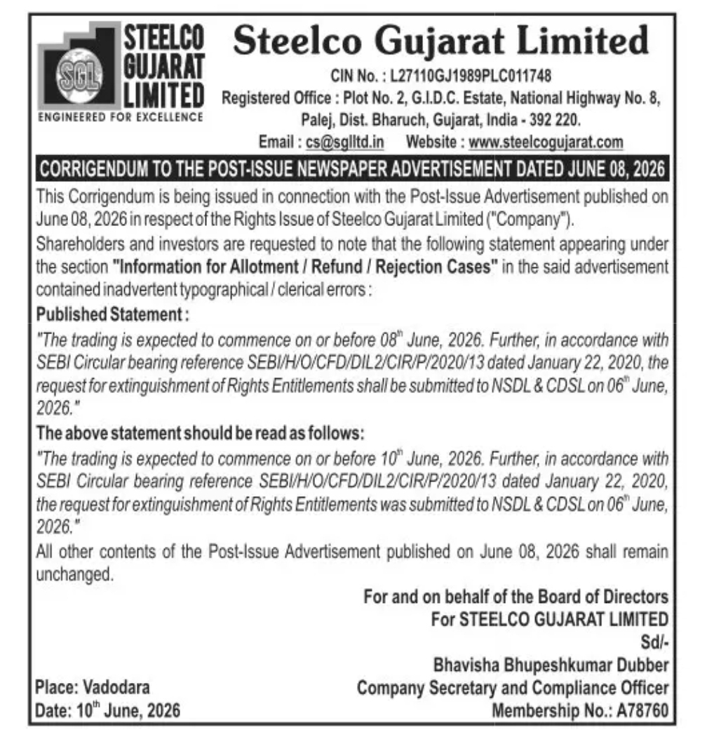 Corrigendum – Steelco Gujarat Limited Rights Issue Post-Issue Advertisement