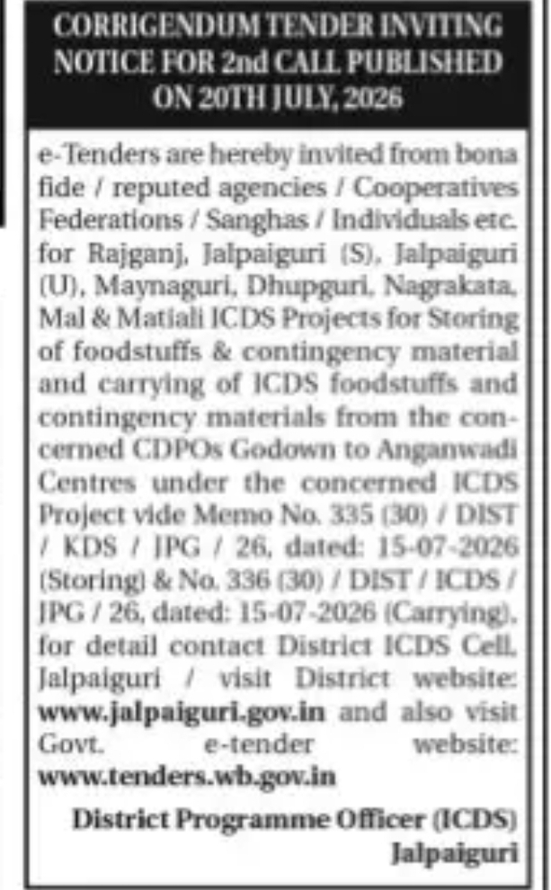 Corrigendum Tender Notice – ICDS Storing & Carrying Services, Jalpaiguri (2nd Call)