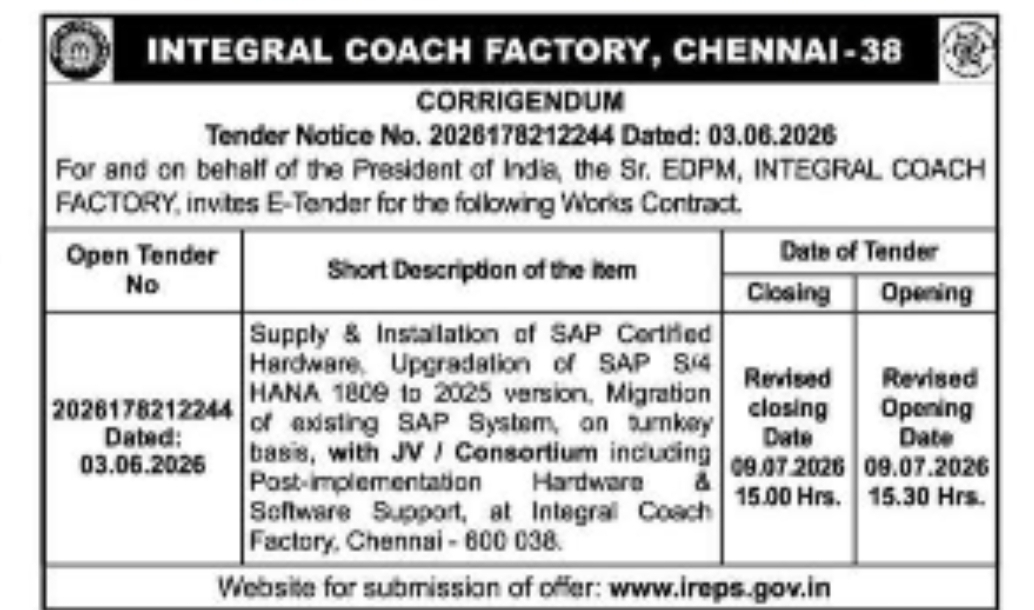 Corrigendum Tender Notice – Integral Coach Factory (ICF), Chennai