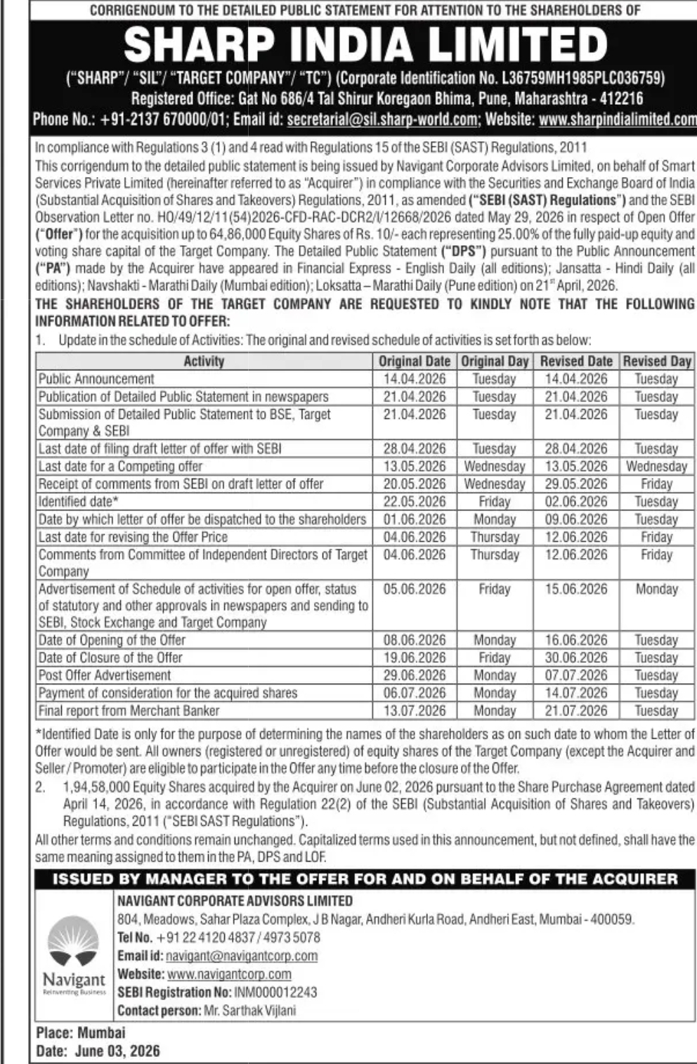 Corrigendum to Detailed Public Statement – Open Offer for SHARP India Limited (SEBI SAST Regulations Update), Pune, Maharashtra, India