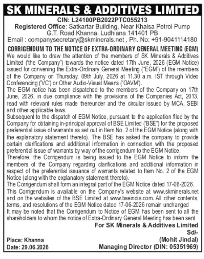 Corrigendum to the Notice of Extraordinary General Meeting (EGM) – SK Minerals & Additives Limited