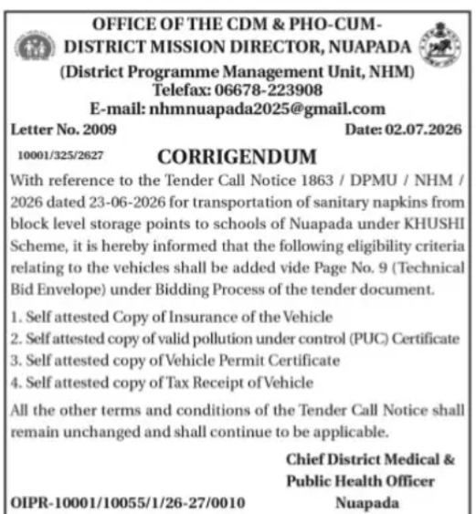 Corrigendum – Transportation of Sanitary Napkins under KHUSHI Scheme, Nuapada