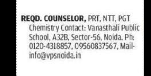 Counselor / PRT / NTT / PGT Chemistry Jobs – Noida