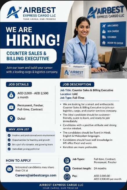Counter Sales & Billing Executive – Airbest Express Cargo LLC (Dubai)