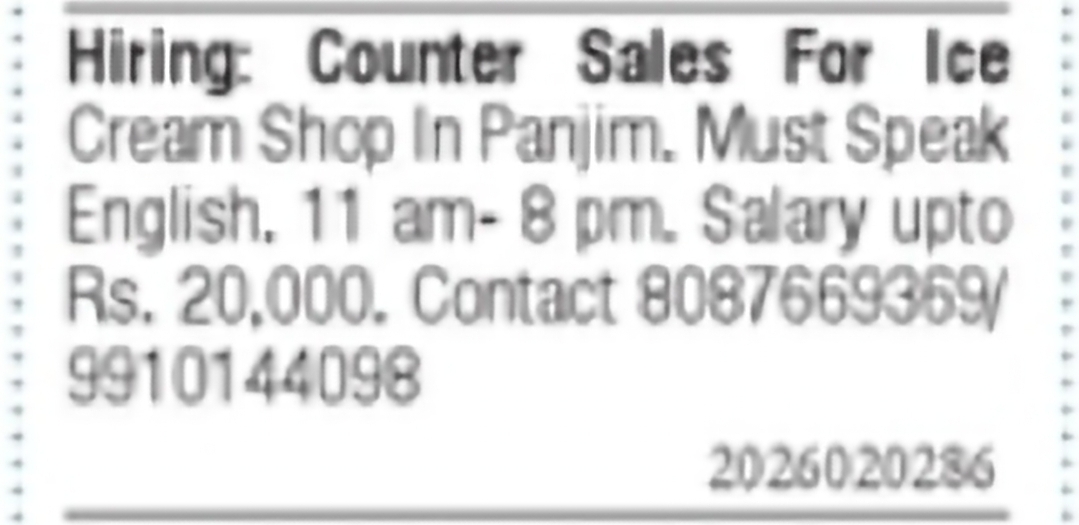 Counter Sales Executive – Ice Cream Shop