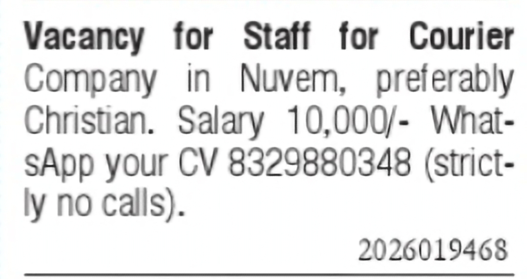 Courier Company Staff Vacancy in Nuvem