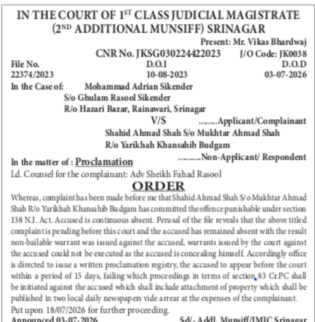 Court Issues Proclamation Against Accused in NI Act Case – Srinagar