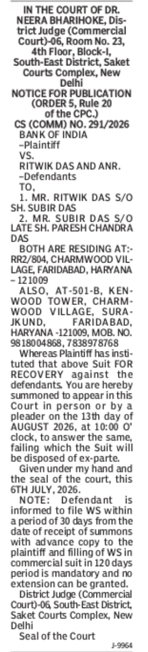 Court Notice – Bank of India Recovery Suit Against Ritwik Das & Anr.