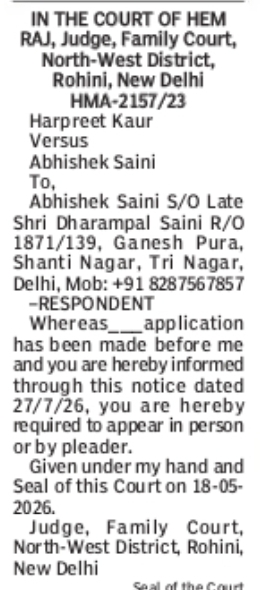 Court Notice – Family Court, Rohini, Delhi | Harpreet Kaur vs. Abhishek Saini