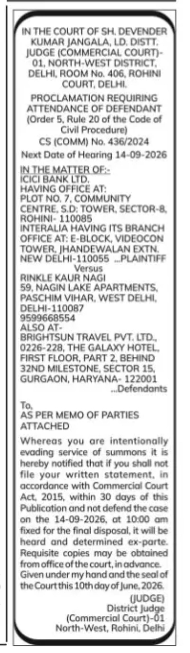 Court Notice – ICICI Bank Ltd. vs Rinkle Kaur Nagi (CS (COMM) No. 436/2024)