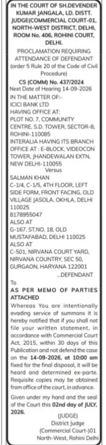 Court Notice: ICICI Bank Ltd vs Salman Khan