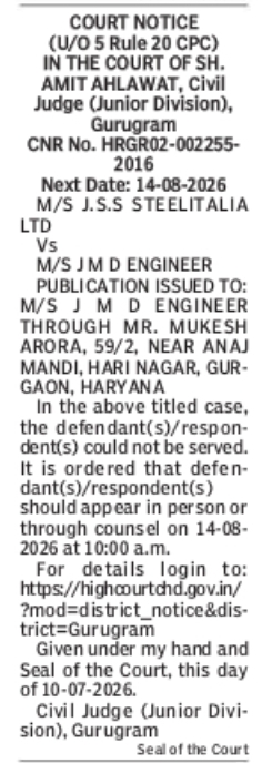 Court Notice – M/S J.S.S Steelitalia Ltd vs M/S JMD Engineer | Gurugram Civil Court