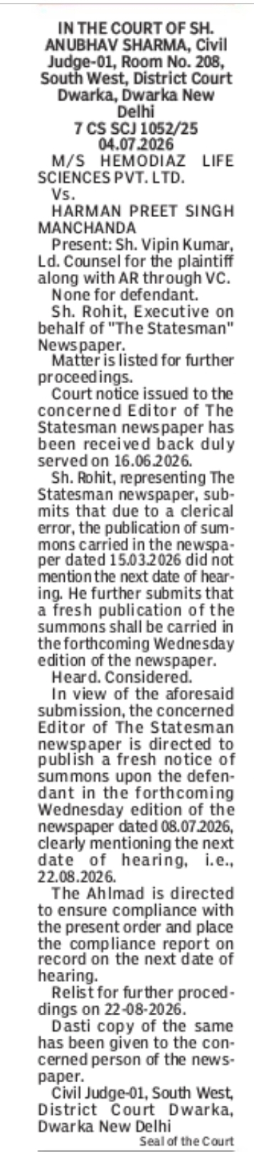 Court Notice Regarding Fresh Publication of Summons in Civil Case