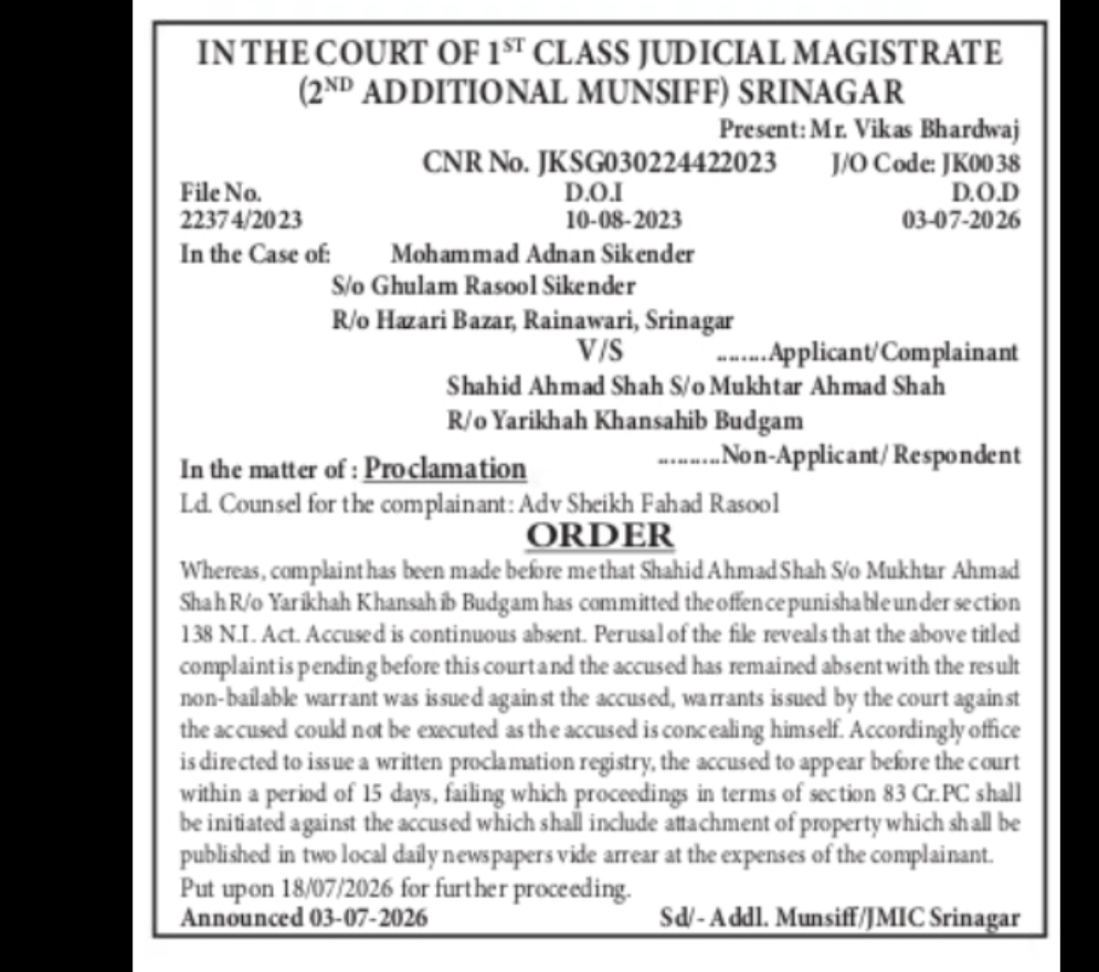 Court Notice Regarding Proclamation Against Shahid Ahmad Shah