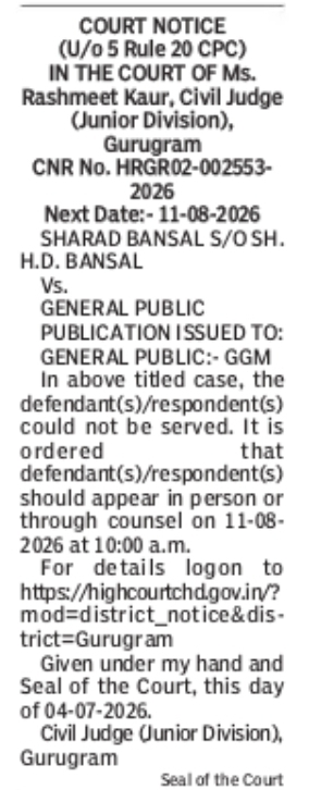 COURT NOTICE – SHARAD BANSAL vs. GENERAL PUBLIC