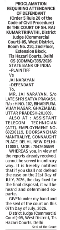 Court Notice – State Bank of India vs Jai Narayan (CS (COMM) 335/2026)