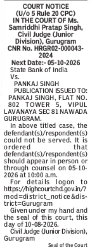 Court Notice – State Bank of India vs. Pankaj Singh