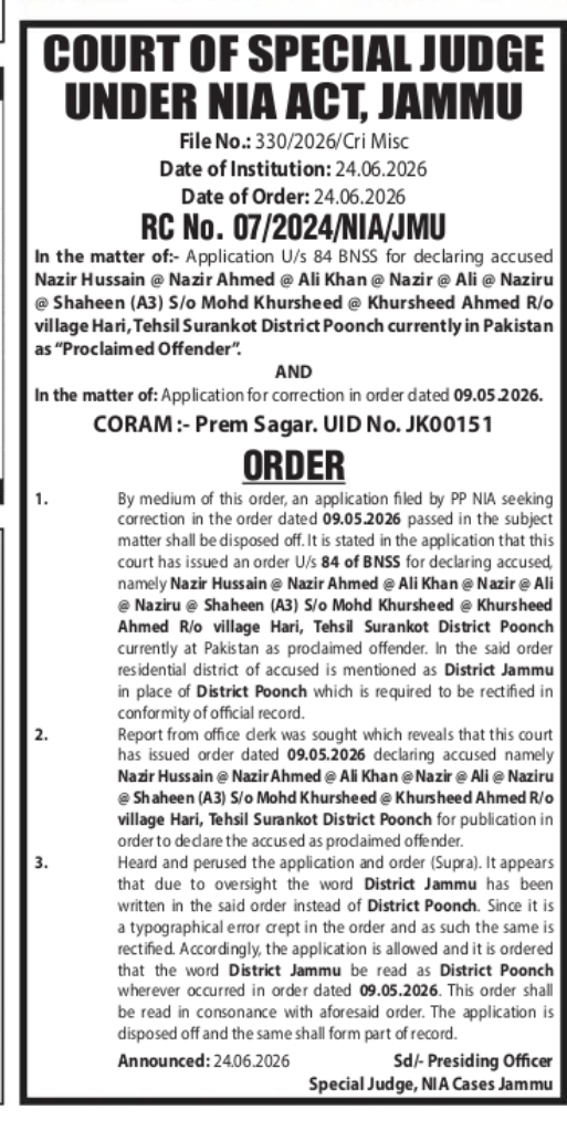 Court Order Correction Regarding Proclaimed Offender Notice – NIA Case Jammu