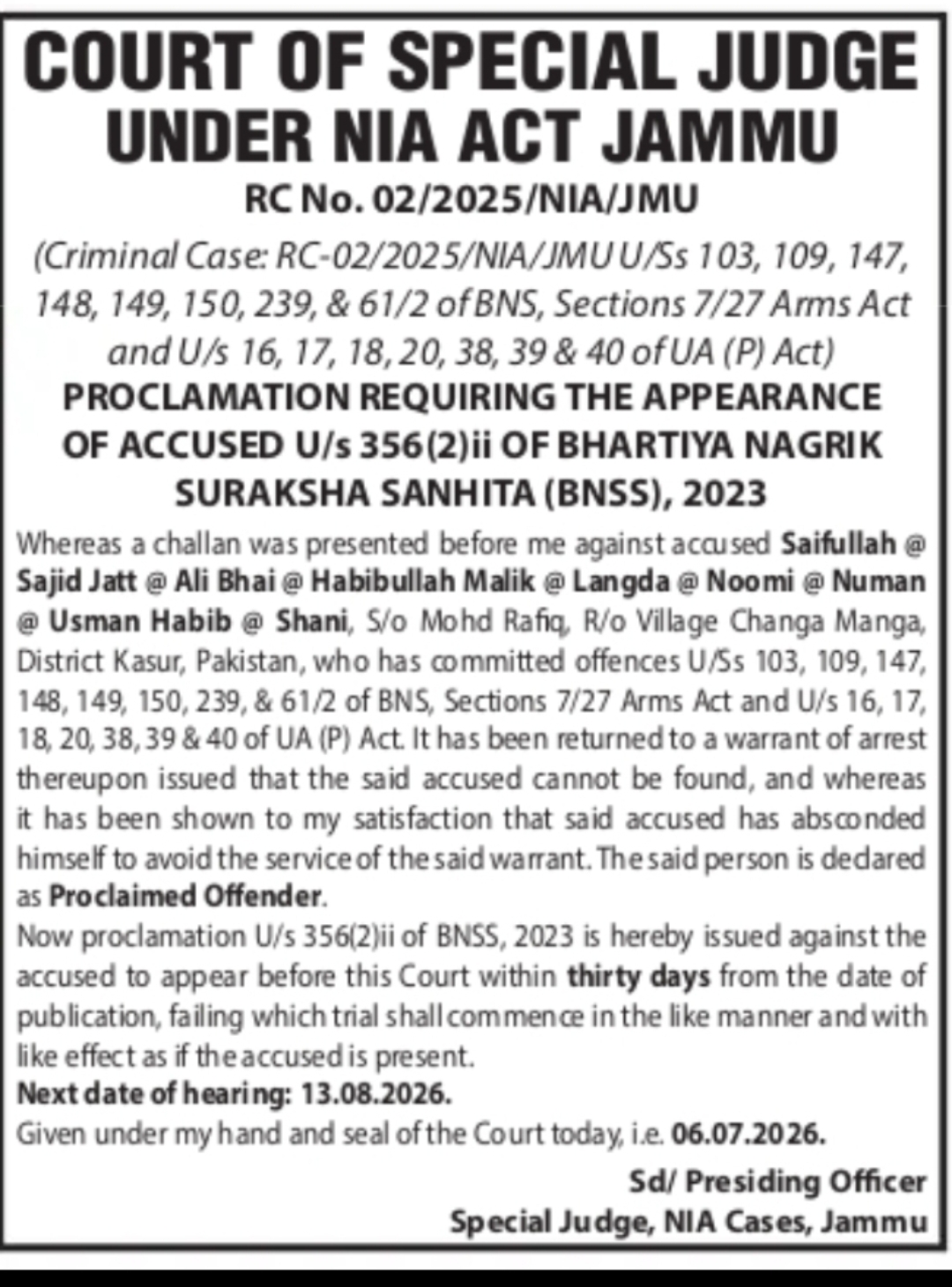 Court Proclamation – Appearance of Accused Required Under BNSS