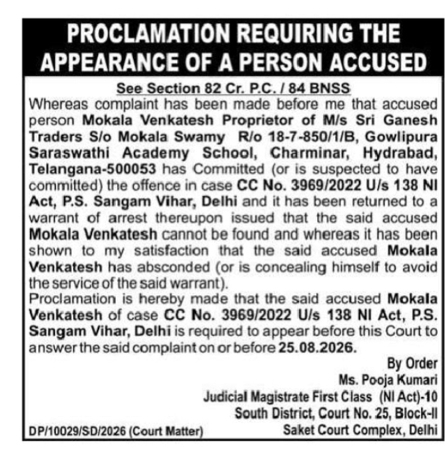 Court Proclamation Issued Against Mokala Venkatesh in NI Act Case