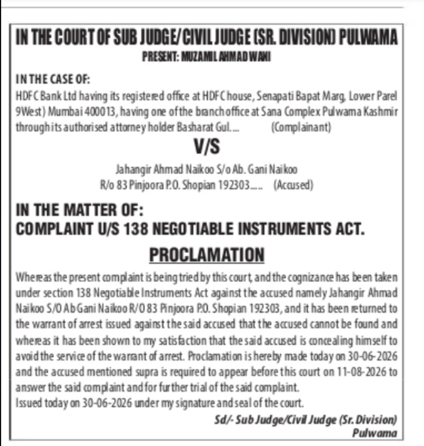 Court Proclamation Notice – HDFC Bank Ltd vs Jahangir Ahmad Naikoo