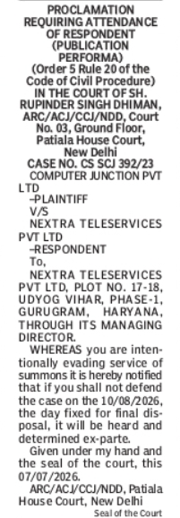 Court Proclamation Notice – Nextra Teleservices Pvt Ltd